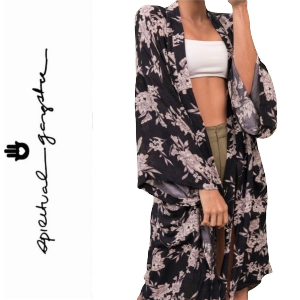 Spiritual Gangster Maya Floral Kimono Robe Black White Gray Bell Sleeve Tie Frnt